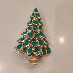 Vintage Gold and Green Christmas Tree Brooch